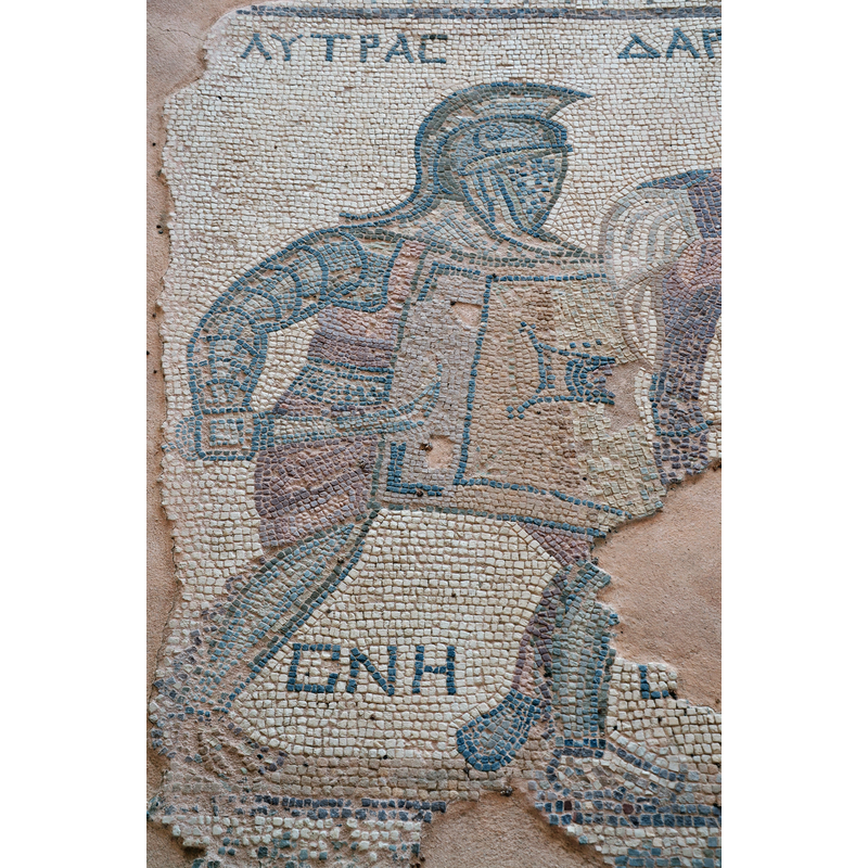 Source caption: "Detail of a mosaic depicting gladiators being separated by a referee, late-3rd century AD, House of the Gladiators, Kourion, Cyprus"