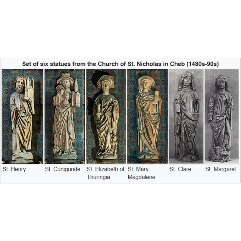 Source caption: "The set of Six statues from the Church of St. Nicholas in Cheb is one of the finest and oldest works created by the local carving workshop in Cheb in the 1480s-90s. The statues are of similar height and may have been part of one or more Gothic altarpieces.[1] They come from the Chapel of the Holy Cross (1388) in the now vanished village of St. Cross (Heiligenkreutz) between Cheb and Waldsassen, where they were discovered in 1856 by Bernhard Grüber.[2] In the 1860s they were secondarily placed in the Neo-Gothic retables designed by B. Grüber in the Church of St. Nicholas in Cheb."