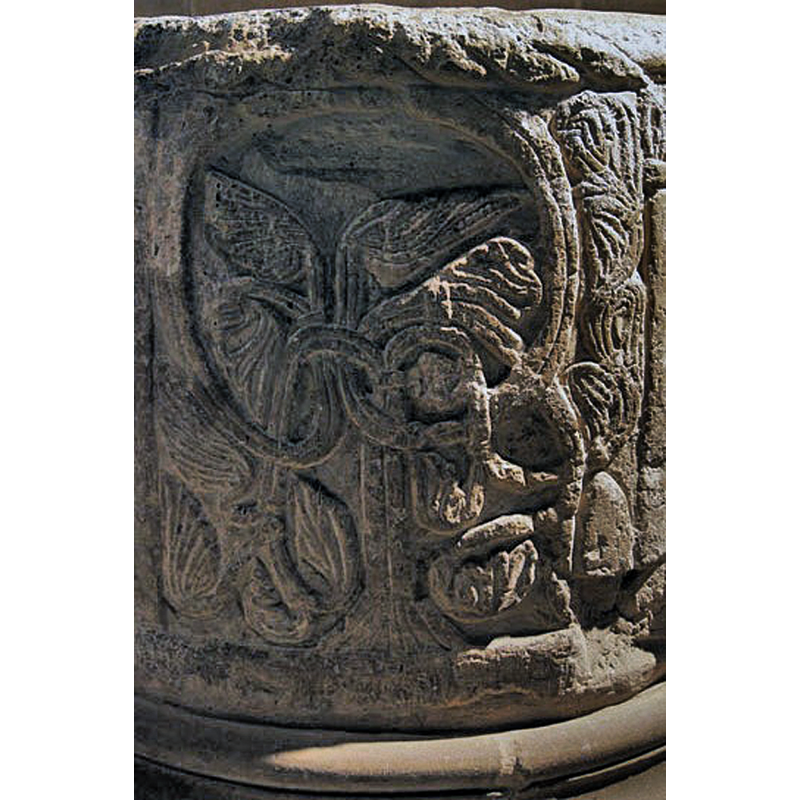 Source caption: "The temptation of Adam & Eve. Eve (to the left) take fruit from the serpent entwined within the Tree of Knowledge. Adam already clutches his. Conflating events rather, both Adam and Eve are already clutching leaves to cover their nakedness. The Tree of Life to its right is perhaps meant as a counterpoint to this scene."