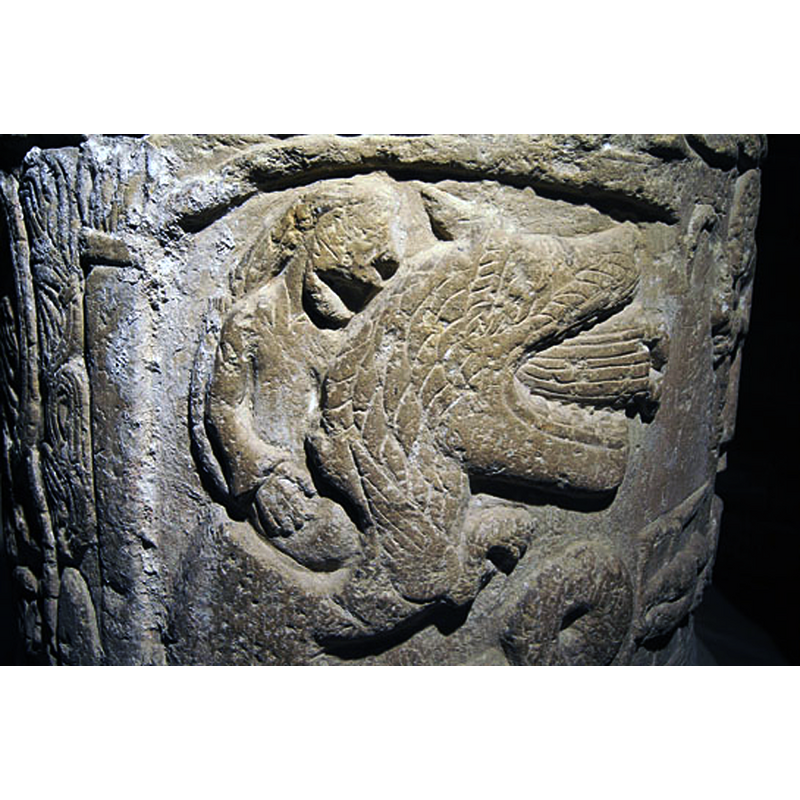 Source caption: "St Margaret of Antioch bursts from the side of the dragon that had eaten here, showing the triumph of good over evil. What with two martyrdoms and the Fall depicted on this font, the carver obviously felt that a bit of optimism about the human condition was in order!
			"