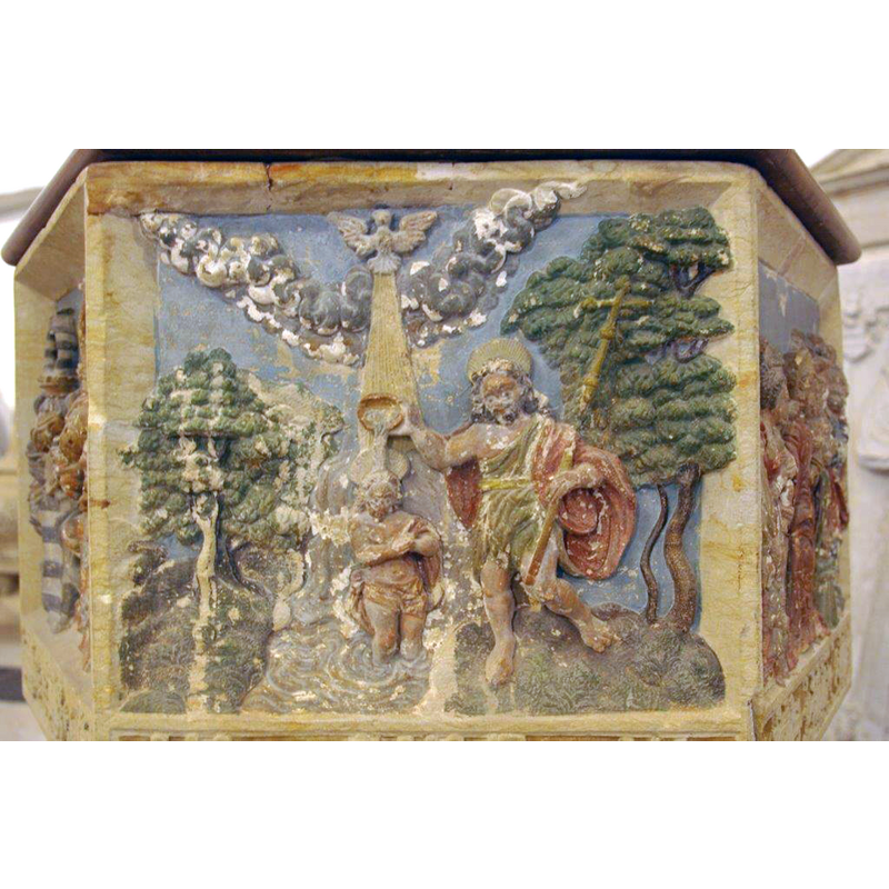 somewhat peculiar rendering, with Christ shown child-size in comparison to John, who towers over Him