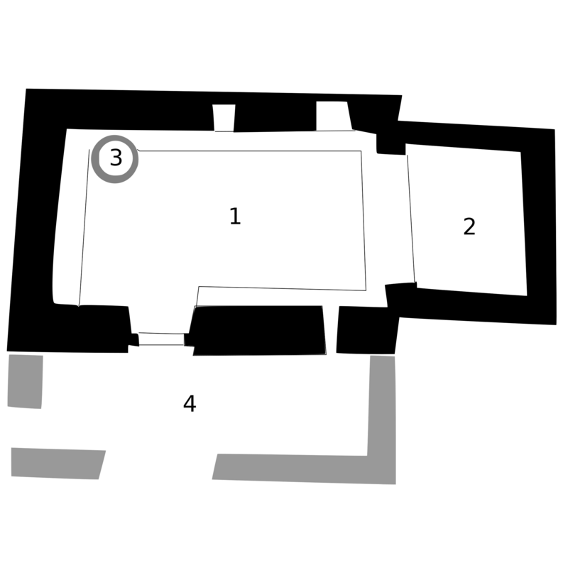 Source caption: "Plan de l'église Sainte-Cécile de Cos (Pyrénées-Orientales) 1 : nef, 2 : chevet 3 : cuve baptismale 4 : ruines d'un porche"