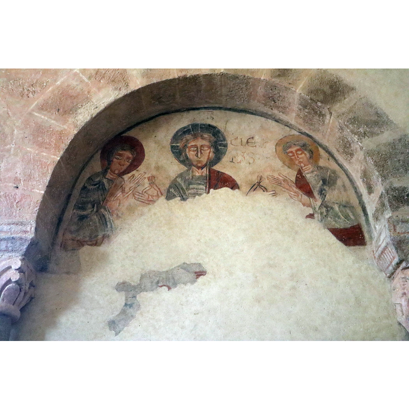 Source caption: "Peintures murales de la costale sud du chœur de l'église Notre-Dame-de-l'Assomption de Gourdon (71). Repas d'Emmaüs." -- 13thC paintings; restored in 1994 by Hisao Takahashi.