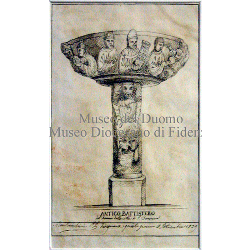 Source caption: "vIl disegno riproduce il fonte battesimale romanico del Duomo di Fidenza nella collocazione del 1857, addossato al pilastro di fronte alla porta laterale sud. Sotto ha le seguenti iscrizioni manoscritte: ANTICO BATTISTERO / del Duomo della città di S. Donnino / Mombecchini …. Disegnava questo giorno 18 settembre 1859. GG"