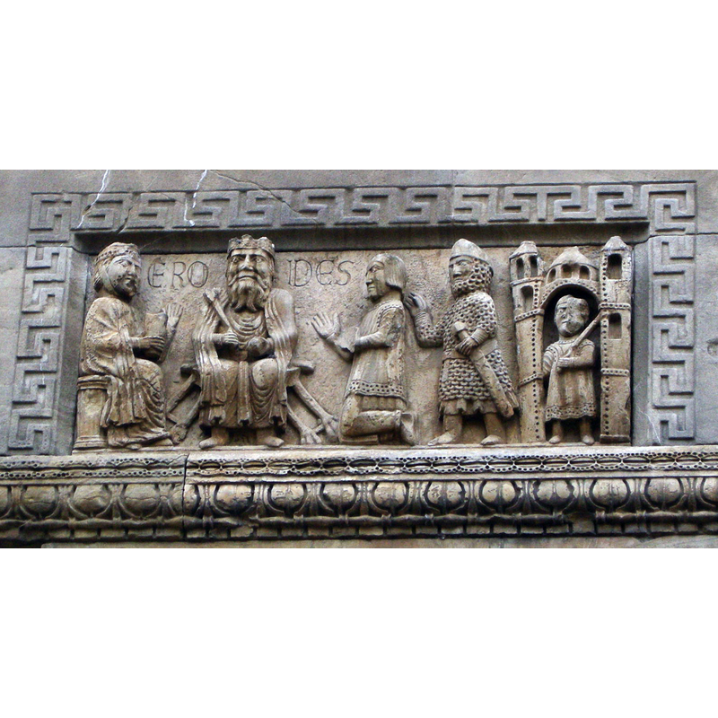 Source caption: "Duomo di fidenza, sculture sulla torre sinistra, Erode il Grande chiede dove deve nascere il re dei Giudei. L'iscrizione latina "ERODES identifica il personaggio riprodotto)"
