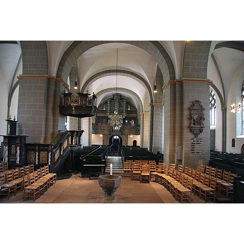the medieval(?) font in the context of the church interior