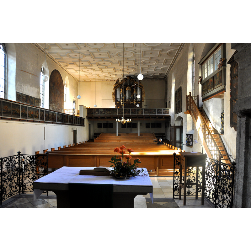 Source caption: "Marktbreit, Evangelisch-lutherische Stadtpfarrkirche St. Nikolai, Innenansicht, Blick zum Orgelempore"