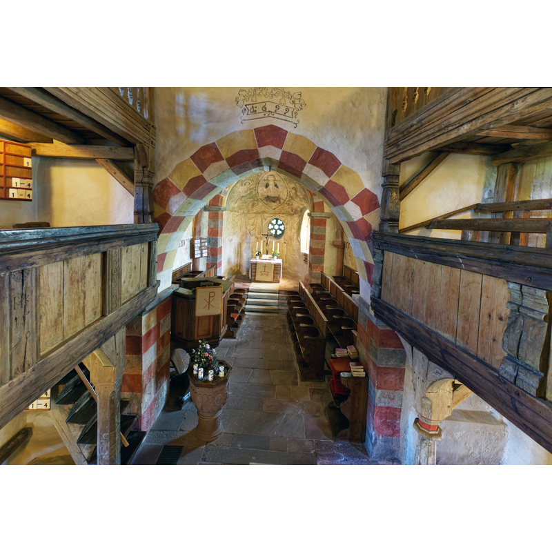 Source caption: "Die Jakobskirche in Urphar." -- the baptismal font is visible in the foreground, left side