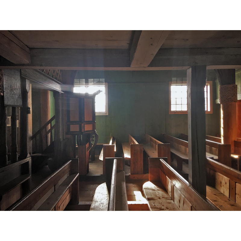 Source caption: "Lomen Stave Church is a medieval wooden Church in Vestre Slidre municipality of Oppland county, eastern Norway. Interior view."