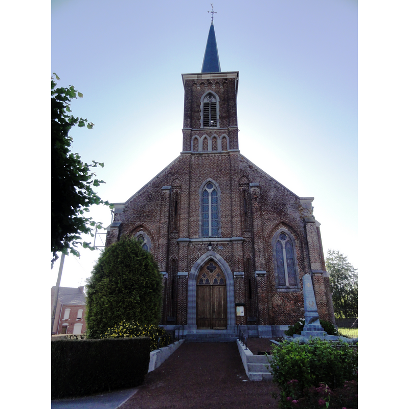 Source caption: "Hargnies (Nord, Fr) église, façade" -- the new church built on a new site in 1864-1867 replaced the 15thC building demolished in 1866