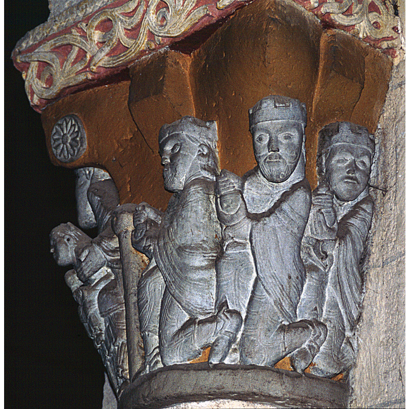 Source caption: "Kapitell in der Église de Sainte-Engrâce" -- Adoration of the Magi (detail)