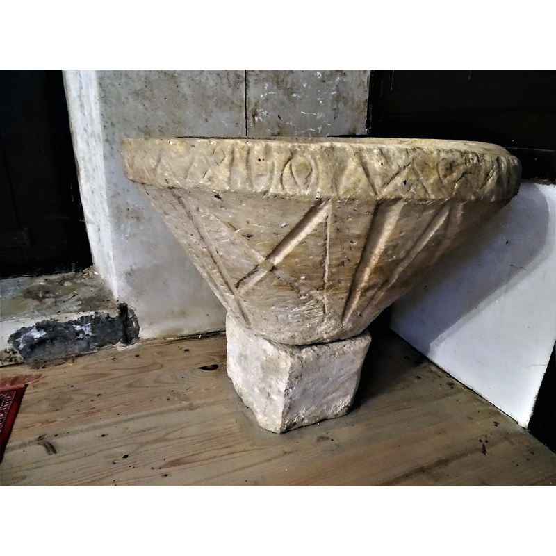 deeply carved and varied in shape, all around the underbowl