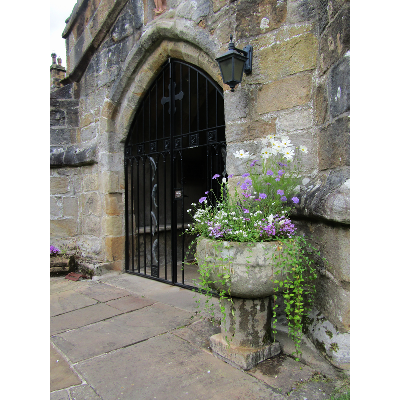 showing a disused font now used as a decorative planter