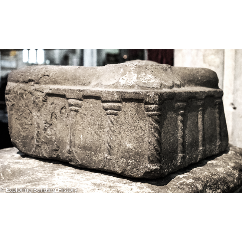 some of the columns can be seen here in the remaining fragment; the arch-heads themselves were lost with the portion of the missing upper rim [NB: the basin is upside-down]
