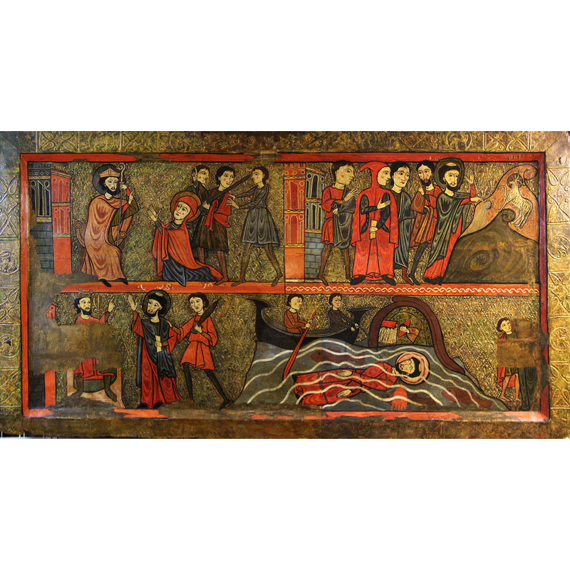 Source caption: "Interior of Església de Sant Climent de Taüll [...] Frontal d'altar [...] segona meitat s. XIII [...] Tremp sobre fusta amb relleus d'estuc antigament coberts de colradura [...] height: 93 cm (36.6 in); width: 169 cm (66.5 in)" [NB: this original is the Museu Nacional d'Art de Catalunya (MNAC), acc. no.: 003908-000]