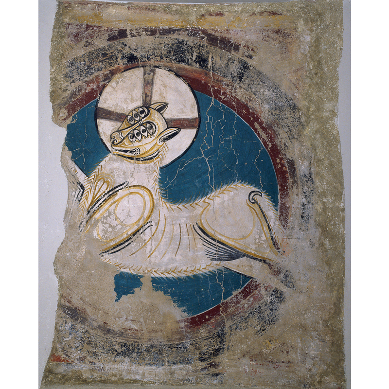 Source caption: "Apocalyptic Lamb from Sant Climent de Taüll [...] circa 1123 [...] Fresco transferred to canvas [...] height: 1,130 mm (44.48 in); width: 1,460 mm (57.48 in) [...] Museu Nacional d'Art de Catalunya [acc. no.: 015806-000]" -- [NB: this original is in the MNAC]