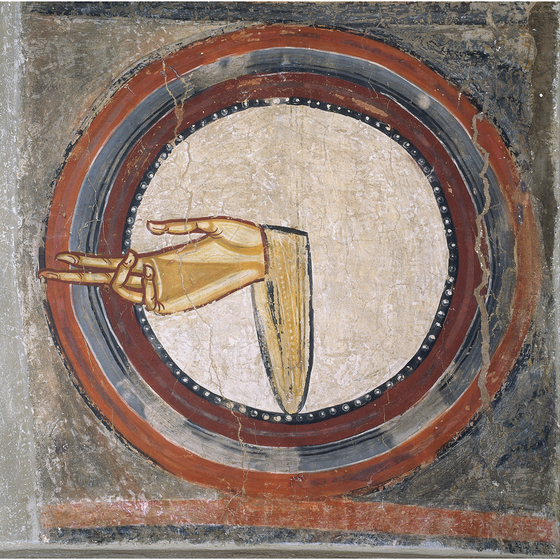 Source caption: "The Hand of God from Sant Climent de Taüll [...] circa 1123 [...] Fresco transferred to canvas [...] height: 950 mm (37.40 in); width: 1,000 mm (39.37 in) [...] Museu Nacional d'Art de Catalunya [acc. no.: 015968-000]" -- [NB: this original is in the MNAC]