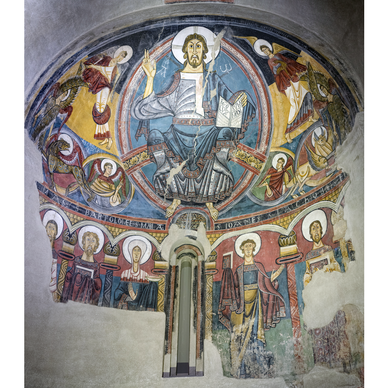 Source caption: "Ábside de Sant Climent de Taüll [...] Procede de la iglesia de Sant Climent de Taüll (La Vall de Boí, Alta Ribagorça) de donde fue arrancado hacia 1920 y traspasado a lienzo. Está datado hacia 1123. Referencia MNAC 015966-000. En la iglesia original se realiza una proyección de las pinturas sobre el ábside en blanco que está bien lograda. esta imagen está formada fusionando una docena de fotografías, llegando a los 90 megapíxeles y una buena resolución." -- [NB: this is the original fresco, transferred to cloth ca. 1920 and installed in the Museu Nacional d'Art de Catalunya (MNAC), Barcelona]