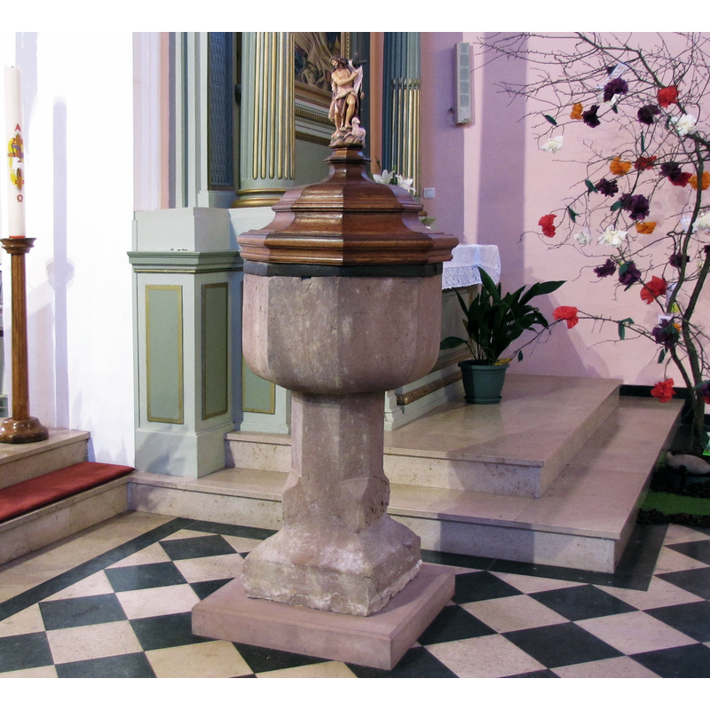 Source caption: "Alsace, Bas-Rhin, Niederschaeffolsheim, Église Saint-Michel (IA00061720) [...] Fonts baptismaux."