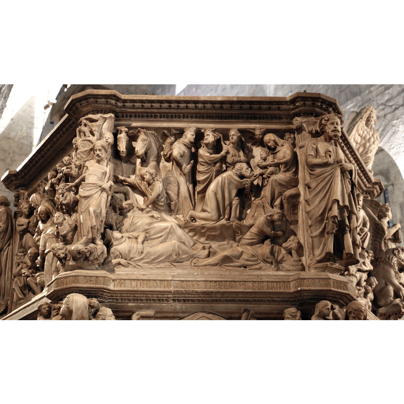 Source caption: "Giovanni Pisano's pulpit in Sant'Andrea (Pistoia)" -- Adoration of the Magi, Dream of Joseph, Dream of the Magi