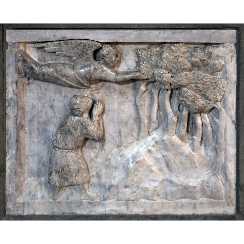 Source caption: " Santa Maria della Pieve (Arezzo) [...] Giovanni di agostino, rilievo del fonte battesimale della pieve di arezzo [...] il battista mandato nel deserto da un angelo"