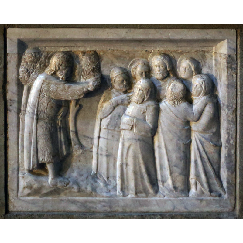 Source caption: "Santa Maria della Pieve (Arezzo) [...] Giovanni di agostino, rilievo del fonte battesimale della pieve di arezzo [...] il battista indica gesù"