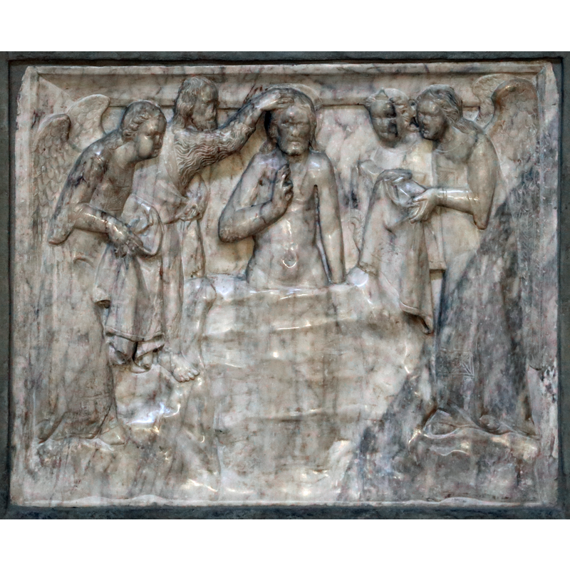 Source caption: "Santa Maria della Pieve (Arezzo) [...] Giovanni di agostino, rilievo del fonte battesimale della pieve di arezzo [...] battesimo di cristo"