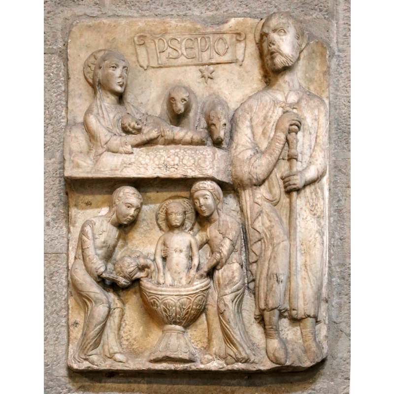 Source caption: "Santa Maria della Pieve (Arezzo) [...] Scuola toscana, presepio (natività e lavaggio di gesù), xiii secolo"