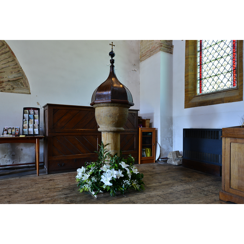 Source caption: "Brixworth; All Saints' Church: The font. Sadly the font can not be dated as nothing is known about its history; the cover is late 18th or 19th century." -- [cf. FontNotes]