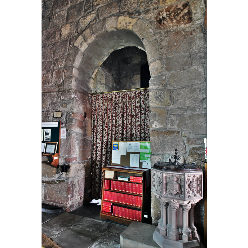 Source caption: "Kirk Hammerton, St. John the Baptist's Church: The font and original Anglo Saxon tower arch"