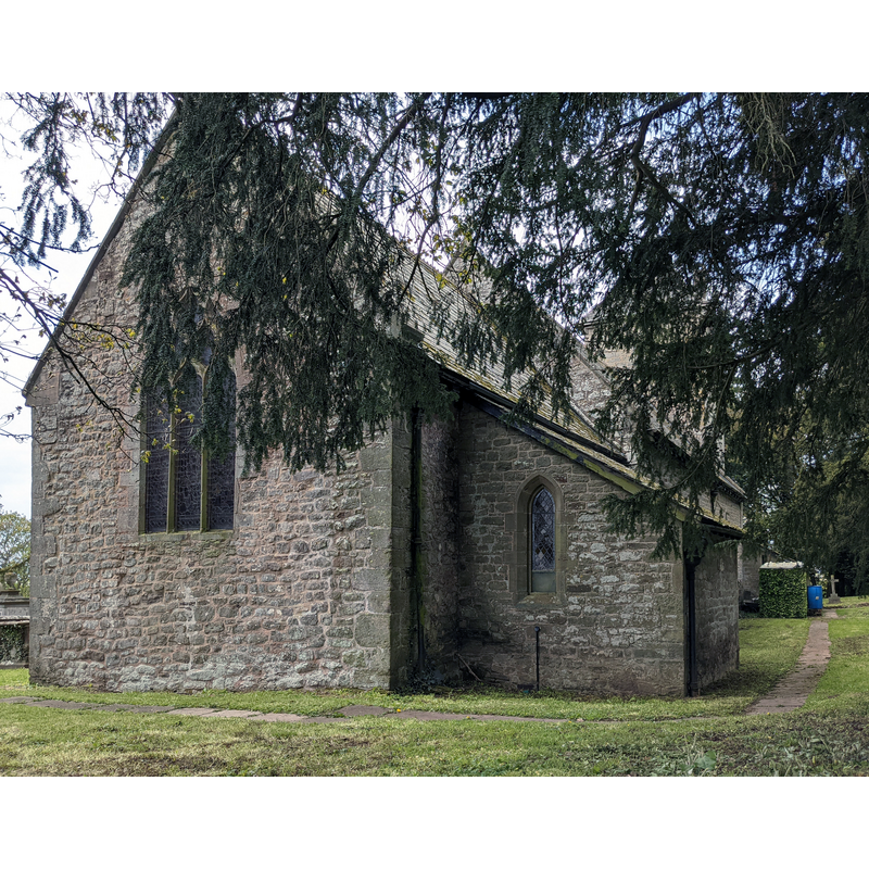 Source caption: "St. Mary's church (Credenhill). Here is the parish church of St. Mary in Credenhill, which has a few modern buildings and Credenhill Court as neighbours. The oldest features are the nave and chancel arch from c.1200 and the west bell tower is from the 14th century. The church was restored in 1861 and 1876 and the 15th century south porch has a palm tree next to it."