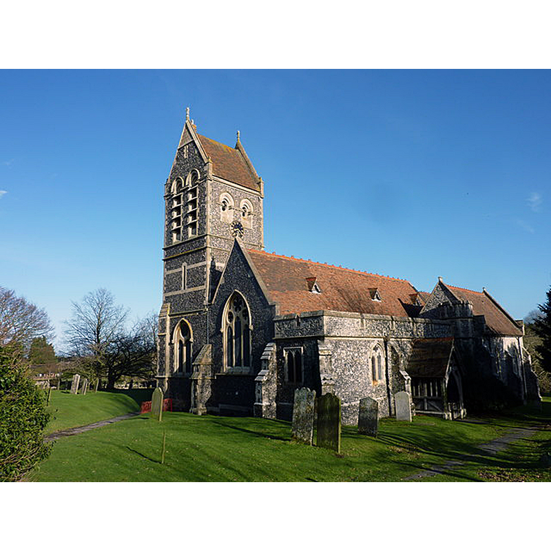 Source caption: "Church of St. Peter and St. Paul, Ospringe. Situated in Water Lane. The saddleback tower is the culmination of Victorian restoration in 1866."