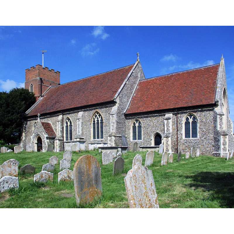 Source caption: "St. Andrew's Church, Layham. The tower dates from 1742. The remainder dates from about 1300 but much renewed in 1861"