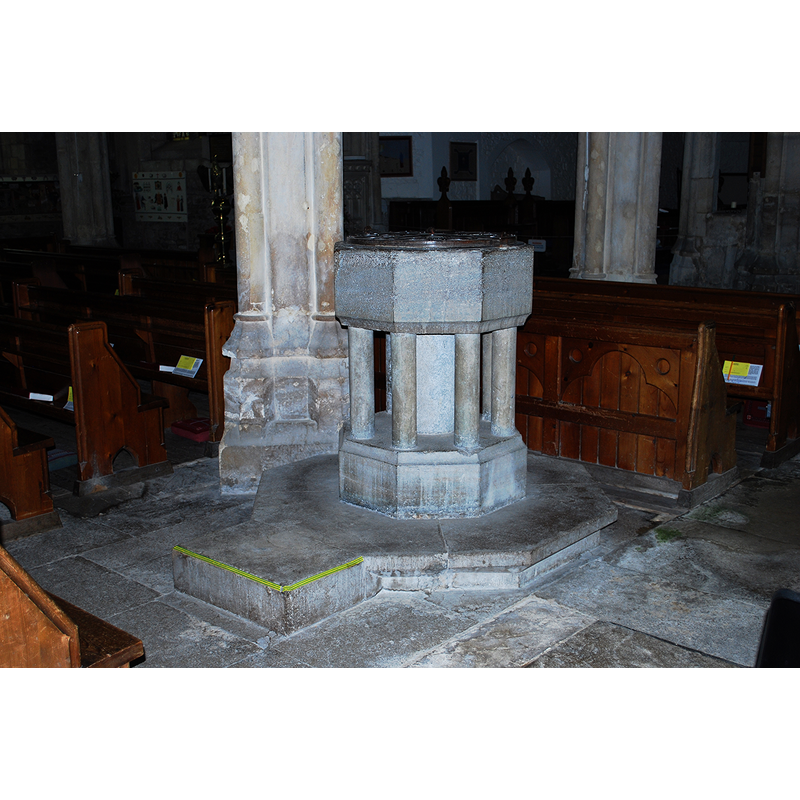 Source caption: "Beckington Church (St. George), 1 November 2015. Pictured is the 13th Century Early English octagonal font with nine detached shafts around main shaft."