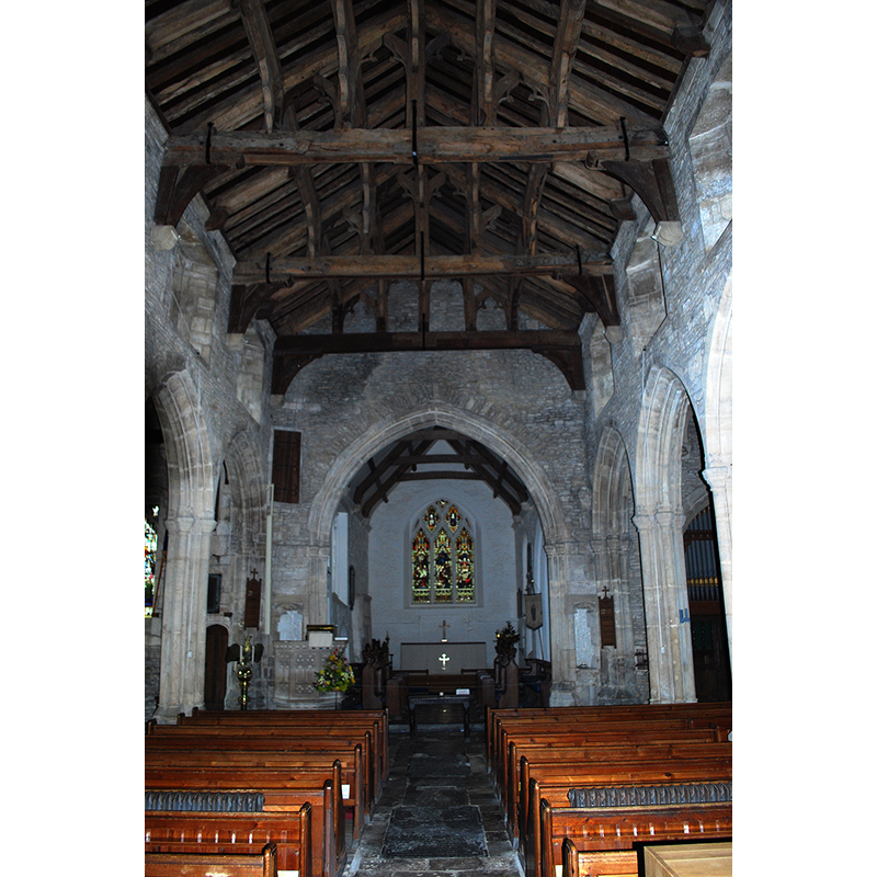 Source caption: "Beckington Church (St. George), 1 November 2015. The tower is 12th Century Norman, the chancel is 14th Century Decorated, the clestoried nave, north and south aisles and south chapel are 15th Century Perpendicular. Victorian restoration (1873) by Piers st. Aubyn. Pictured is the nave looking towards the chancel. The timber roof is of tie beam and queen post construction and dates from 1470."