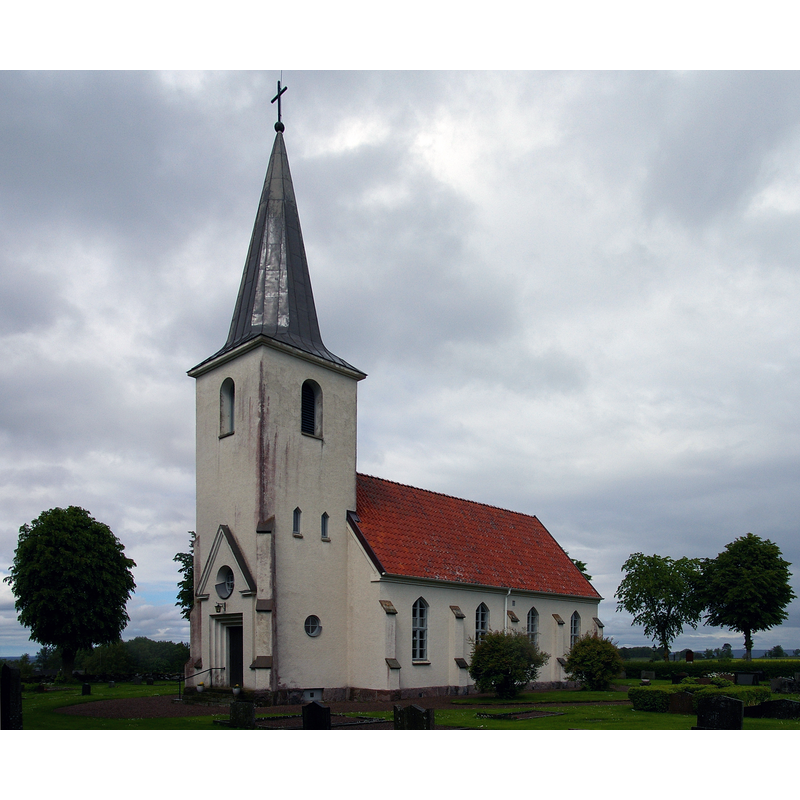 Source caption: "Östra Tunhems kyrka i Skara stift, Falköpings kommun. Uppförd 1949." -- showing the exterior of the present church at Östra Tunhem, a building of 1949