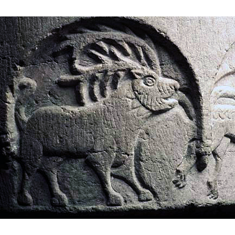 with very large horns; passant to the right