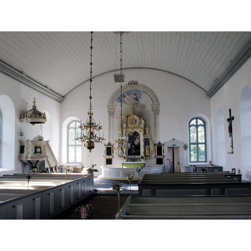 Source caption: "Alböke kyrka / Alböke church. Nave. Öland, Borgholm." -- the old font is partially visible here, in the southeast corner of the chancel