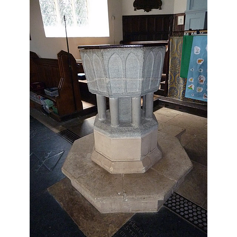 Source caption: "Brandeston, All Saints: font" -- notice the line of the crack and repair across the basin