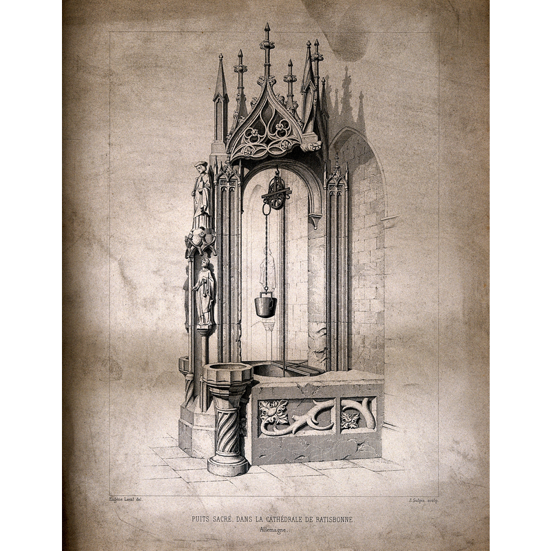 Source caption: "Regensburg Cathedral, Regensburg (Ratisbon), Germany: the holy well. Etching by J.J. Sulpis after E. Laval."