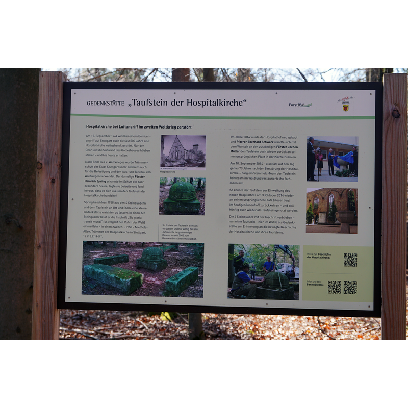 Source caption: "Gedenkstätte Taufstein der Hospitalkirche." -- the poster shows the pilgrimage of the early-19thC font from the Hospitalkirche to the forest and back to the church