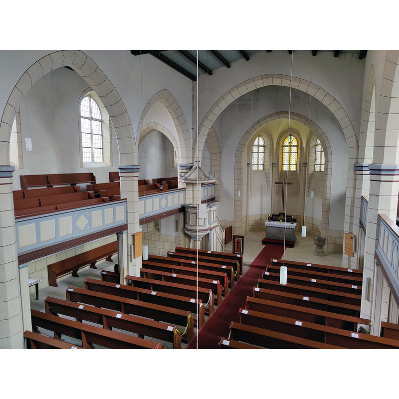 Source caption: "Evangelische Kirche St. Lorenz Eilsleben, Landkreis Börde, Sachsen-Anhalt, Deutschland" [NB: note the baptismal font in the southeast corner of the nave]