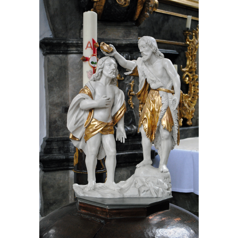 Source caption: "Figurengruppe, St. Bartholomäus, Volkach, Holz, um 1750."