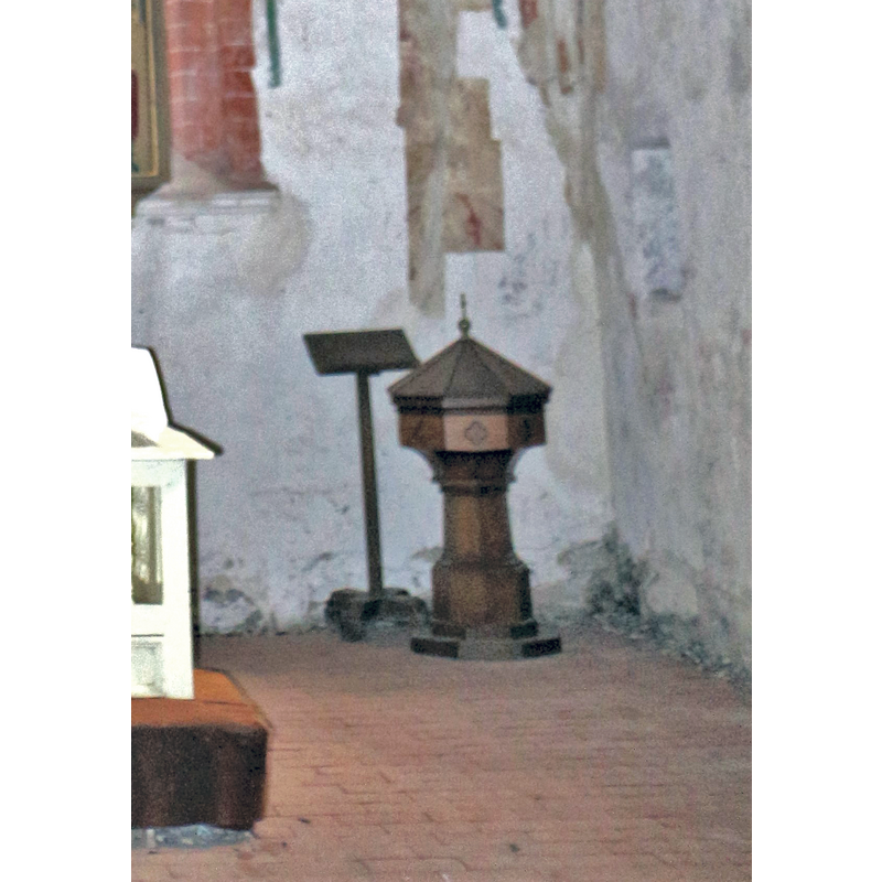 the wooden font and cover in the southeast corner of the chancel, to the righ of the altar