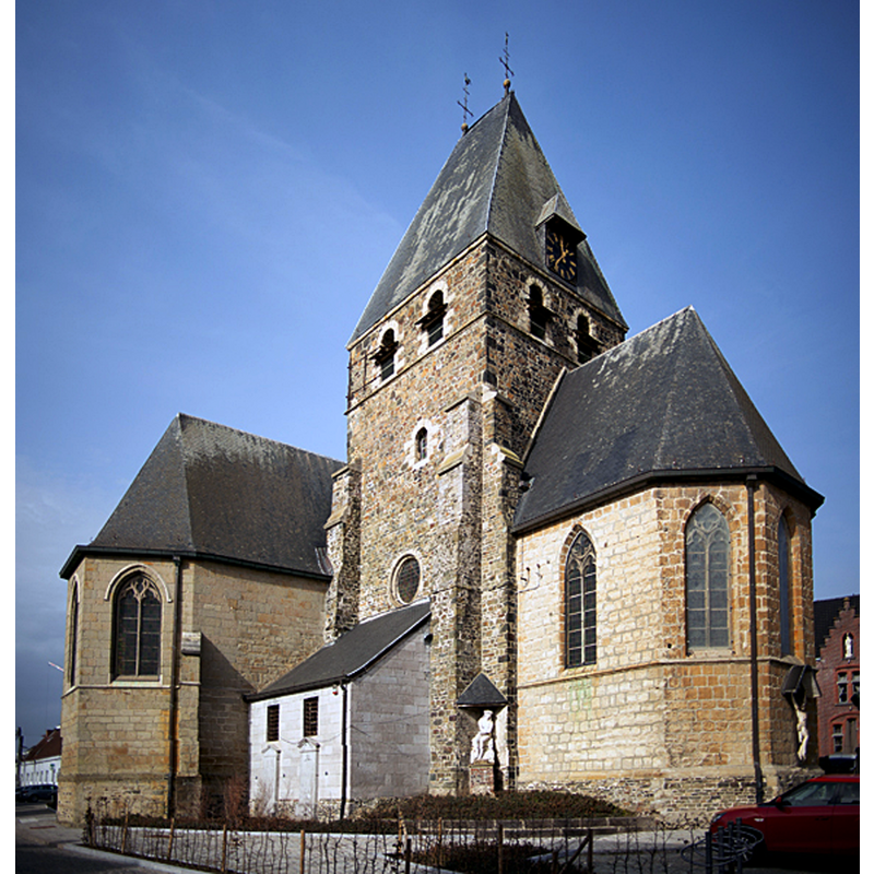 Dource caption: "Deux Acren,église Saint-Martin. Lessines. Hainaut. Belgium. Vue de l'extérieur. Parish church (église Saint-Martin). Exterior."