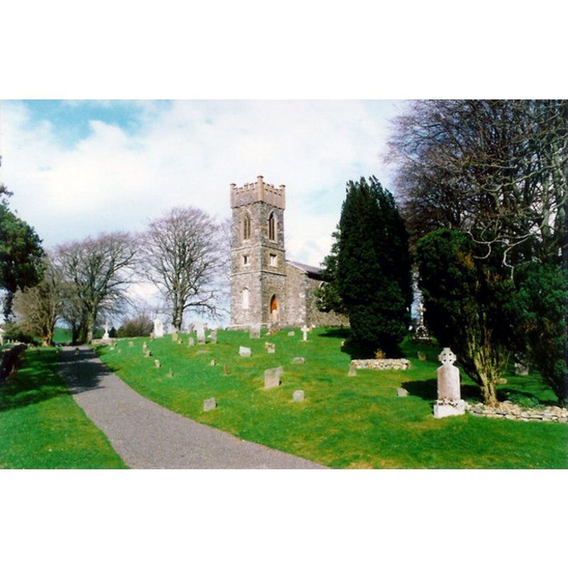 Source caption: "Church and graveyard at Mullagh, Co. Cavan Early-19th century Church of Ireland on ancient site known as 'Teampaill Ceallaigh' or Templekelly, associated with St. Killian."