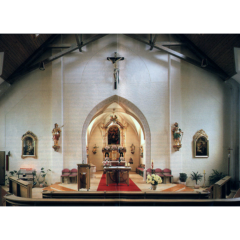 Source caption: "Innenansicht der Nußdorfer Kirche" -- the font and cover are partially visible inside the chancel, by the left [north] side of the chancel arch