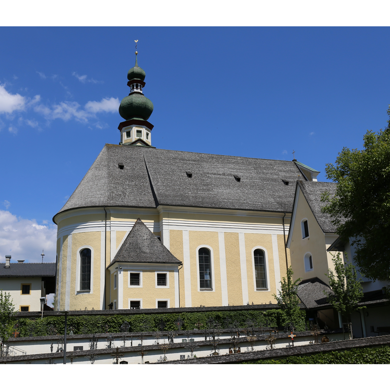 Source caption: "Kath. Pfarrkirche hl. Petrus, Reith im Alpbachtal; mächtiger klassizistischer Saalbau. Urkundlich Pfarre 1187. Kirchenneubau 1801 bis 1805"