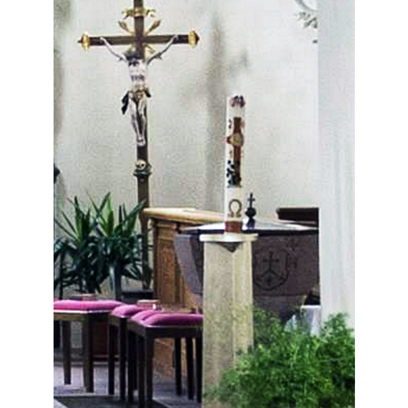 the 1614 font in the chancel, south side