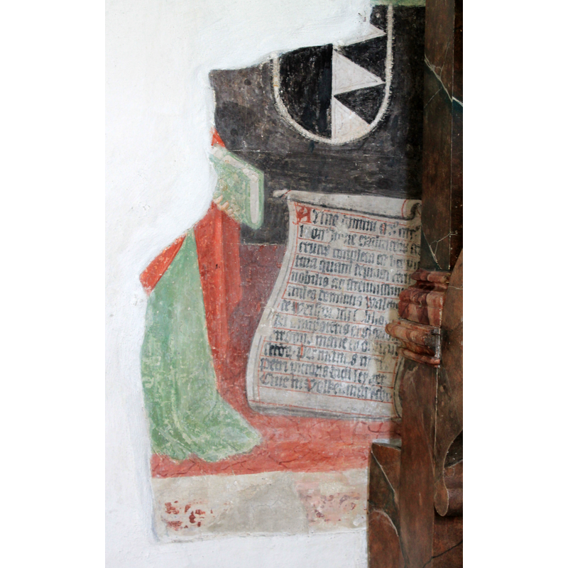 Source caption: "Pfarrkirche in der Gemeinde Globasnitz - Fresko" -- the text on the scroll in this surviving portion of a medieval fresco begins with a date in the 15thC "mo cccco"